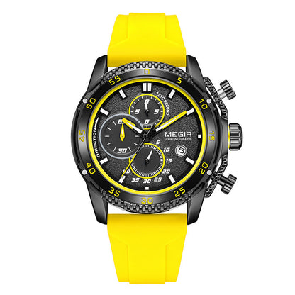 Multifunctional three-eye chronograph watch with black silicone strap and detailed dial