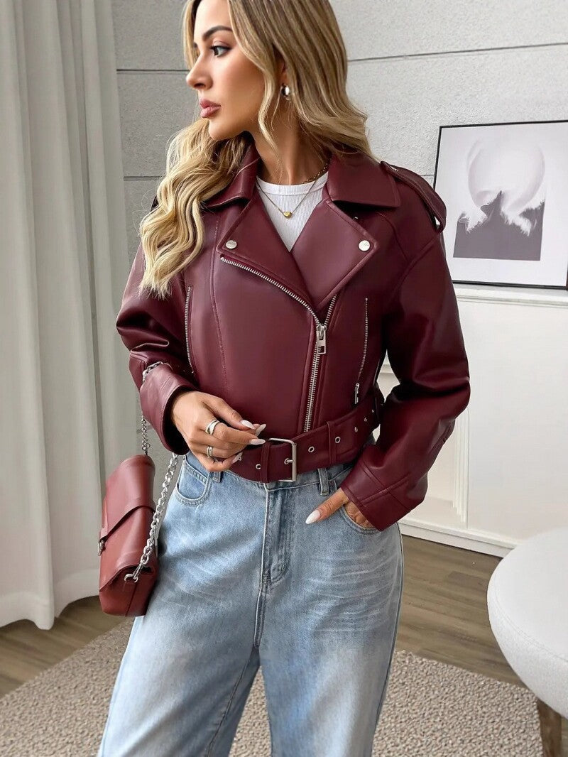 Vintage women's slim-fit short PU leather biker jacket with lapel collar