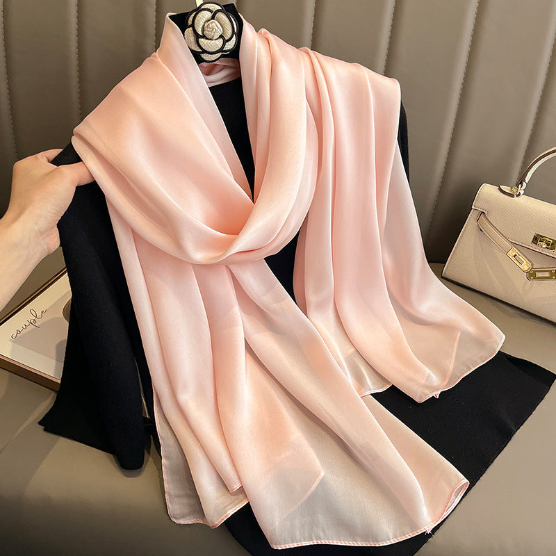 Korean-style solid-color women’s silk beach scarf for summer sun protection