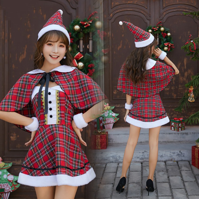 Split size Christmas plaid cloak suit with festive pattern and matching clothing pieces
