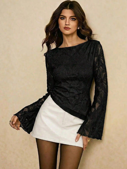 Women's lace-panel long-sleeve embroidered top by My Store
