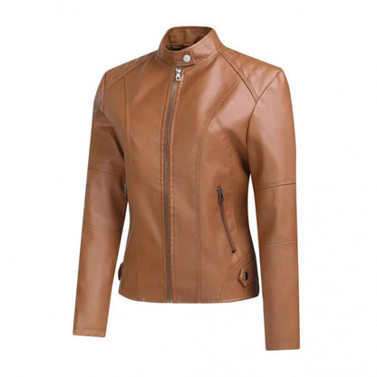 Women's fashionable short washed-leather zip-up jacket in a classic design