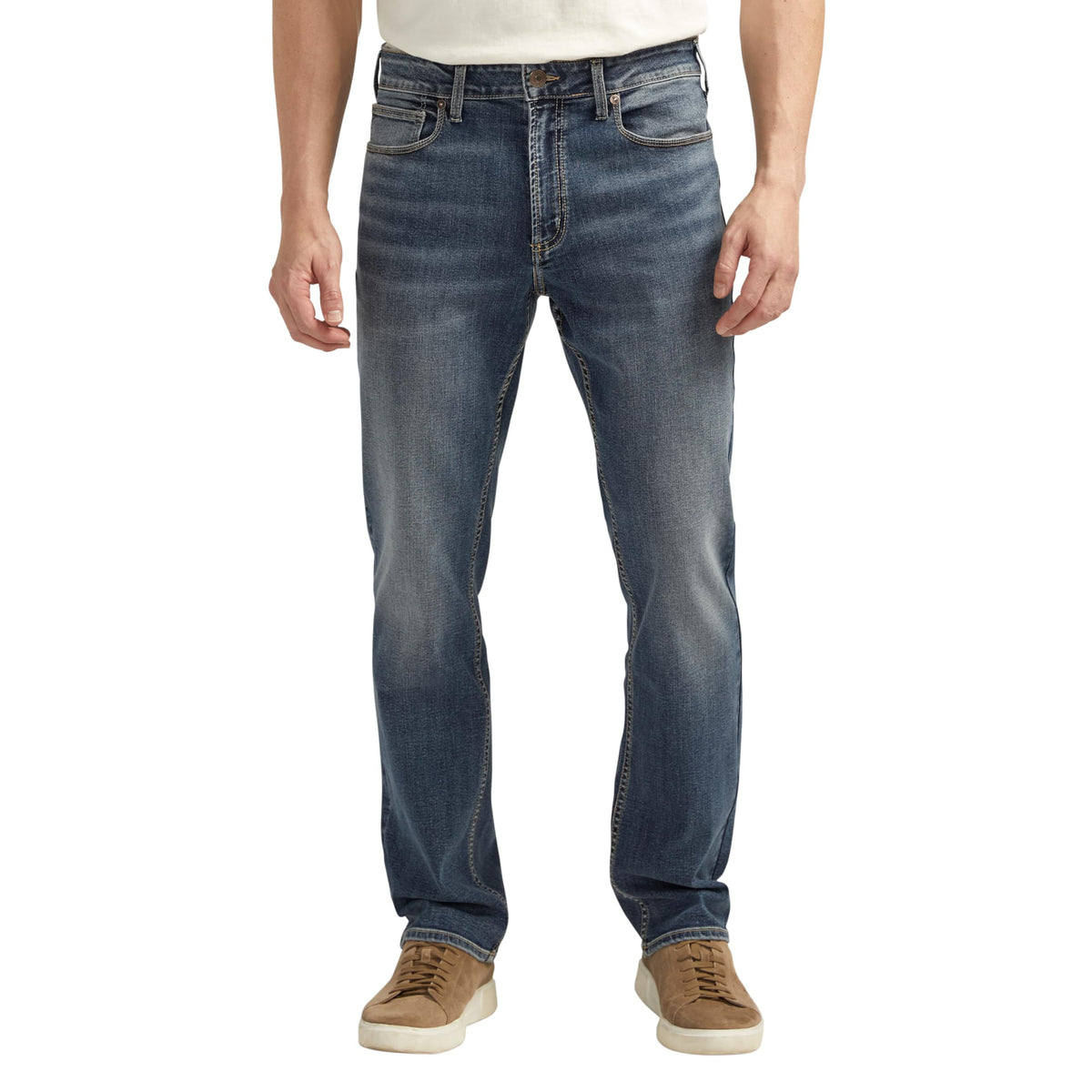 Silver Jeans Co. Machray classic fit straight jeans in silver denim, displayed on a hanger showing fit and fabric texture.
