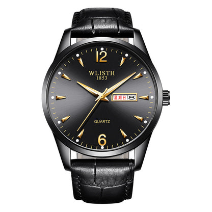 Luminous waterproof men's quartz watch with a leather strap and classic round dial