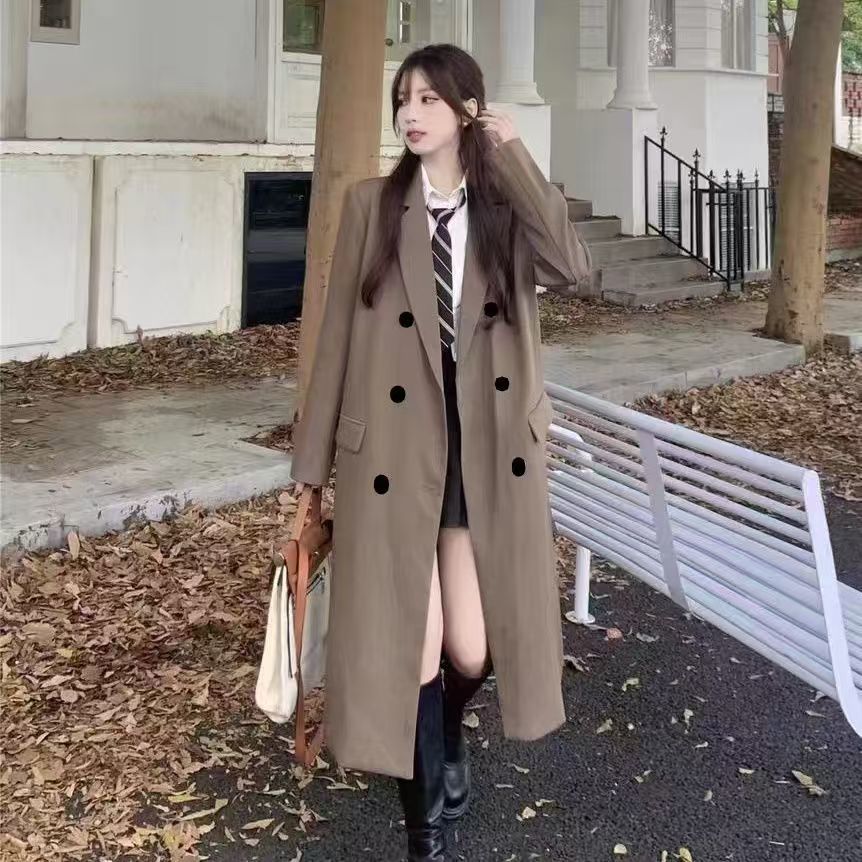 Black long trench coat for women, spring and autumn suit coat with tailored fit
