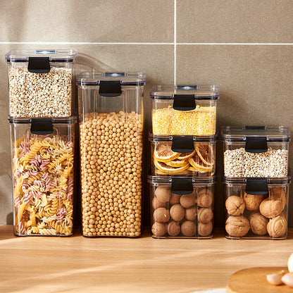 Transparent stackable plastic grain storage canister for refrigerator food preservation sealed lid