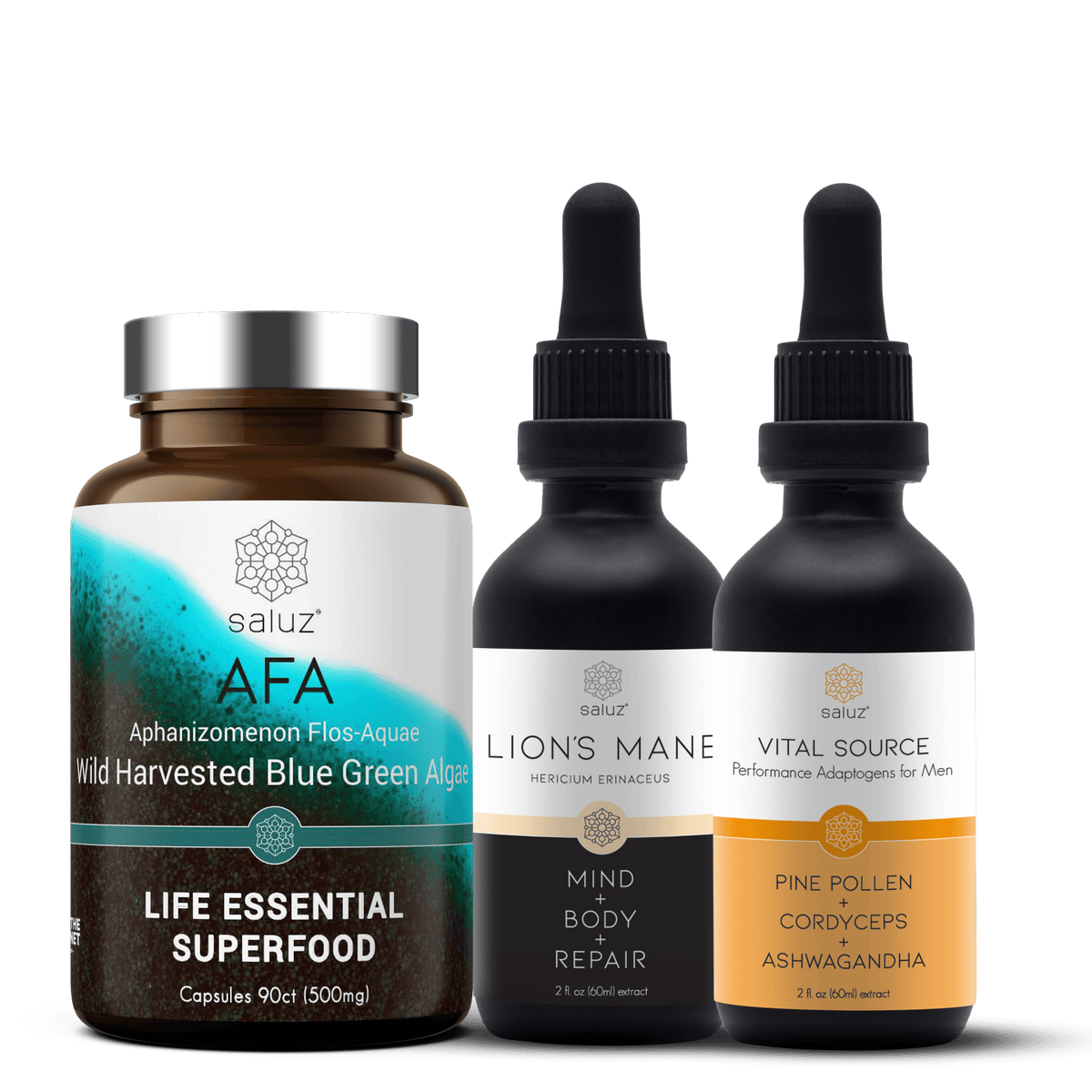 Saluz Health AFA Lion's Mane Vital Energy supplements for focus, clarity, and wellness in natural vitamin form.
