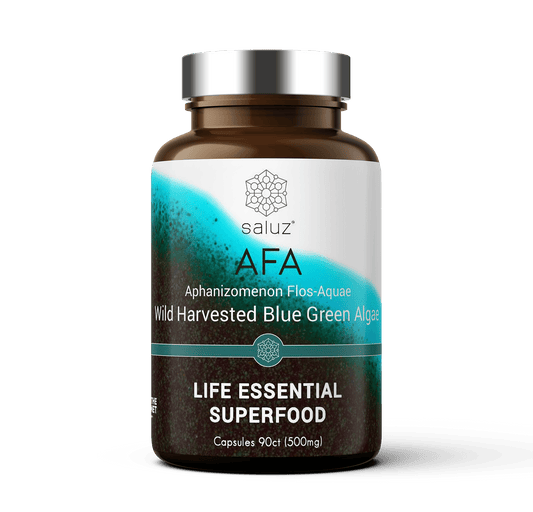 Saluz Wild Harvested Blue Green Algae Capsules 500mg, 90 count, dietary supplement with natural blue-green algae in softgel form.