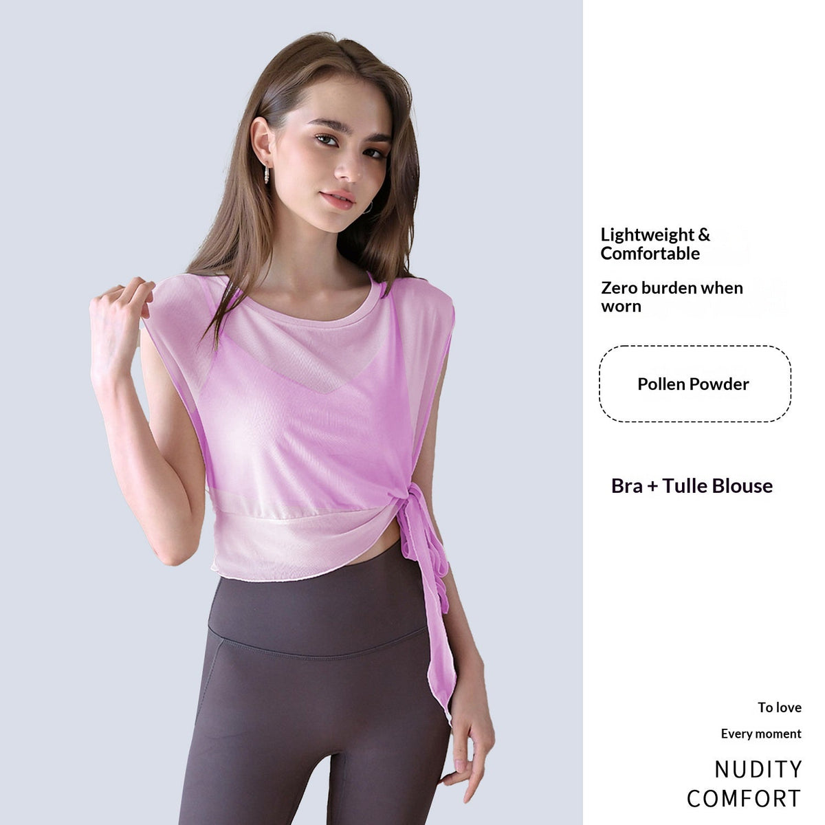 Women’s summer 2-piece yoga outfit with short sleeve mesh fitness top and built-in bra pads