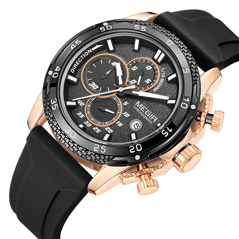 Multifunctional three-eye chronograph watch with black silicone strap, round dial, and subdials
