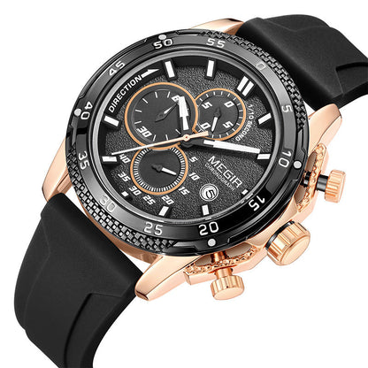 Multifunctional three-eye chronograph watch with black silicone strap, round dial, and subdials