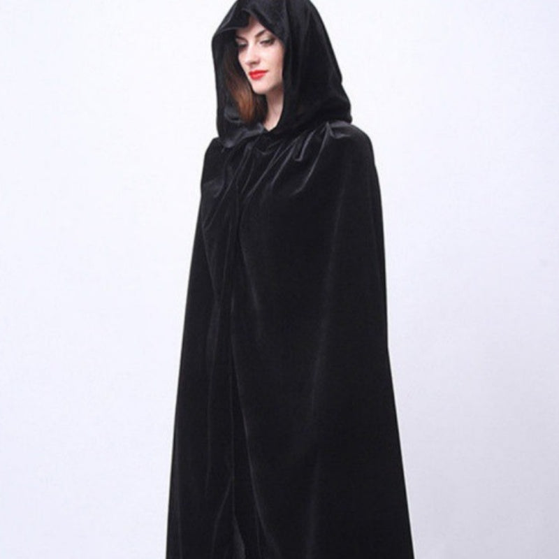 Black velvet Halloween cape cloak with a thin, flowing design
