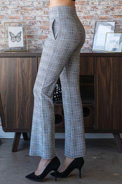 Plus size Heimish plaid flare pants with wide waistband, stylish full-length design, perfect for casual or trendy outfits.