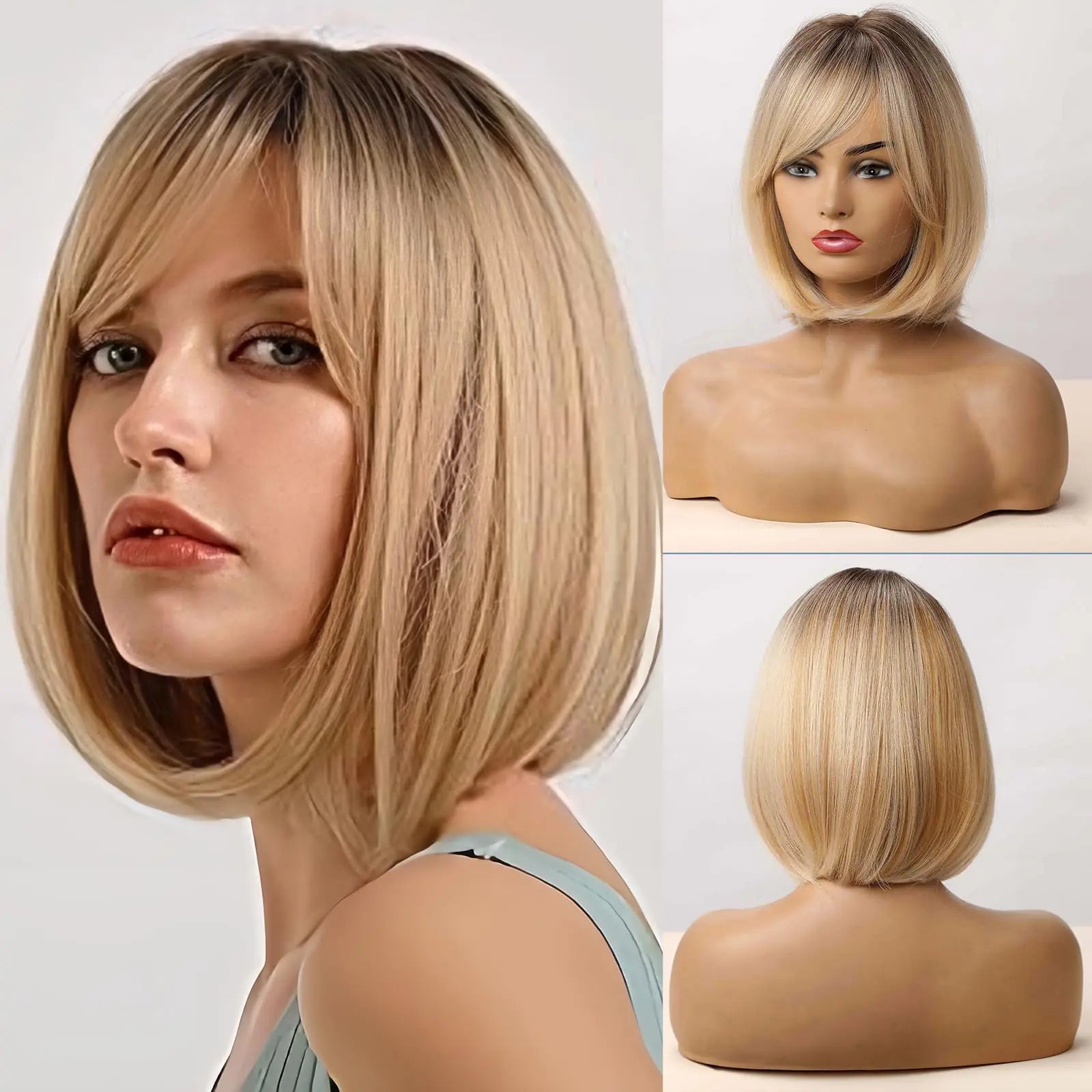 ALANHAIR Blonde Bob Wigs for Women Ombre Blonde Short Bob Wigs with Bangs Short Bob Straight Wigs Realistic Look Synthetic wigs - BACKUPMYFILESNOW