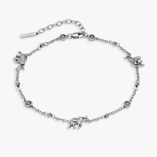 Silver stainless steel anklet by ALEX AND ANI featuring an elephant inline charm, perfect for boho or casual summer wear.