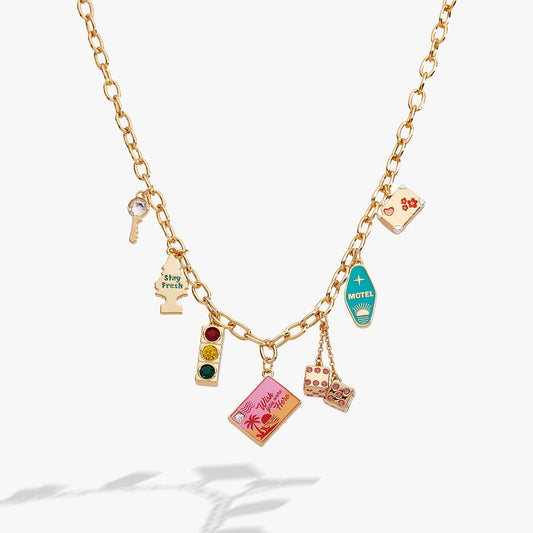 Gold ALEX AND ANI Road Trip Multi-Charm Necklace featuring travel-themed charms on a delicate chain.