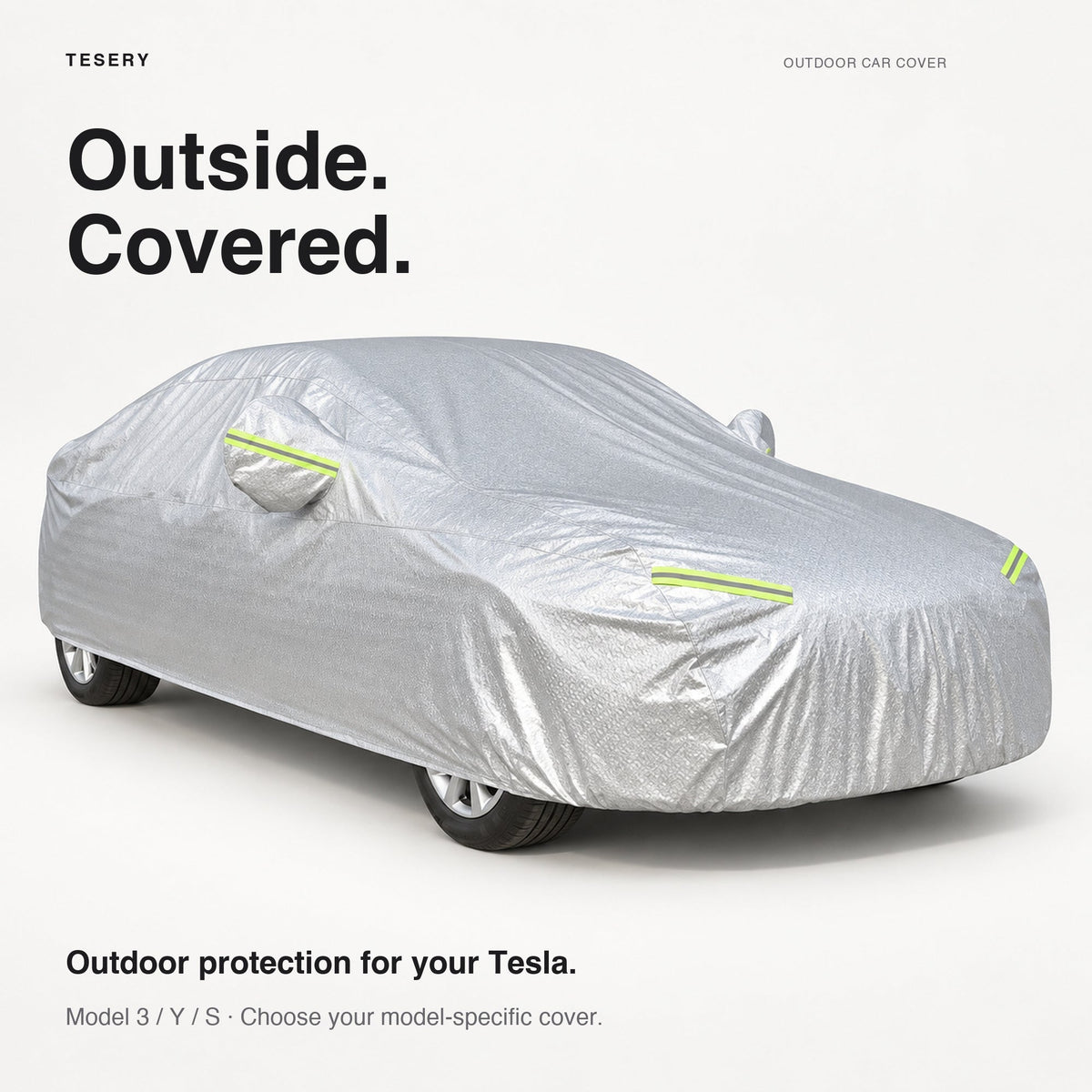 All-weather waterproof Oxford car cover for Tesla Model 3, Y, and S, protecting the vehicle from rain, snow, and dust.