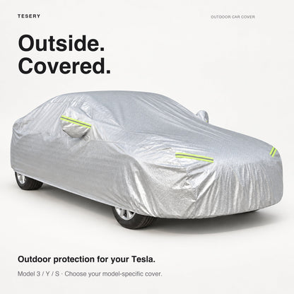 All-weather waterproof Oxford car cover for Tesla Model 3, Y, and S, protecting the vehicle from rain, snow, and dust.