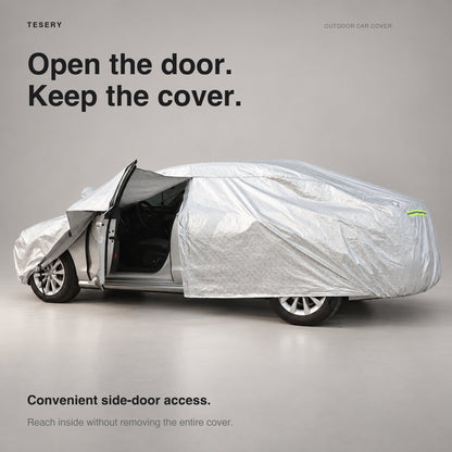 All-weather waterproof car cover for Tesla Model 3, Y, and S made of durable Oxford fabric, protecting against elements and dirt.