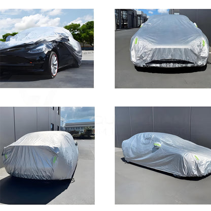 All-weather waterproof Tesla Model 3/Y/S car cover made of durable Oxford fabric, designed for outdoor protection.