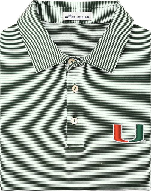 Dark green Miami Hurricanes stripe polo shirt by allCanes, featuring a classic collar and team logo on the chest.