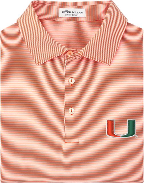 Dark green Miami Hurricanes stripe polo shirt by allCanes, featuring the team logo and classic polo design.