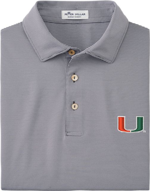 Dark green Miami Hurricanes stripe polo shirt by allCanes, featuring the team logo and classic collar design.