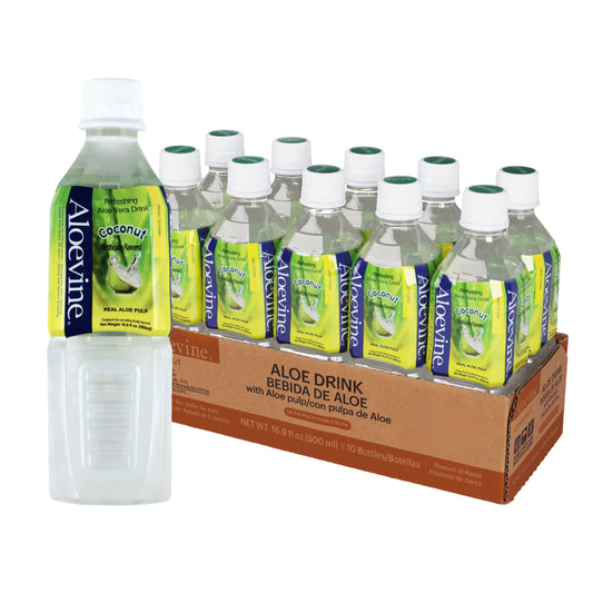 Aloevine Pomegranate Aloe Vera Drink with Aloe Pulp in 16.9 Fl Oz bottles, 20-pack, featuring fresh aloe vera and pomegranate juice.