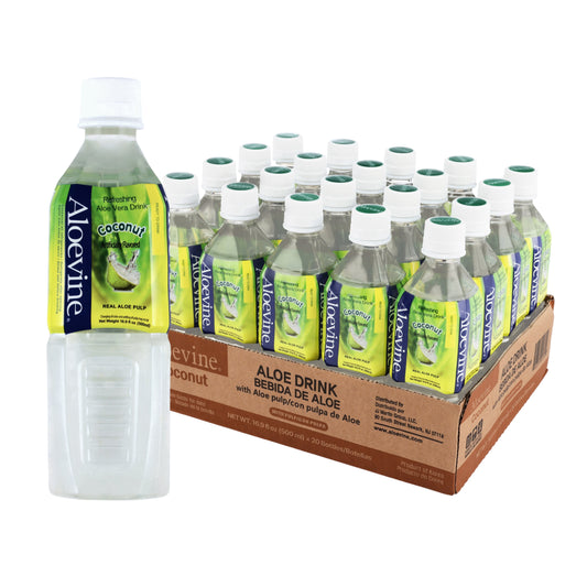 Aloevine Pomegranate Aloe Vera Drink with Aloe Pulp in 16.9 fl oz bottles, 20-pack, featuring fresh aloe vera pulp and pomegranate flavor.