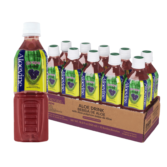 Aloevine Pomegranate Aloe Vera Drink with Aloe Pulp in 16.9 fl oz bottles, showing a colorful beverage with aloe vera and pomegranate.