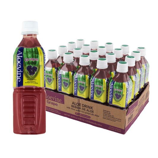 Aloevine Pomegranate Aloe Vera Drink with Aloe Pulp in 16.9 Fl Oz bottles, featuring fresh aloe and pomegranate pulp.