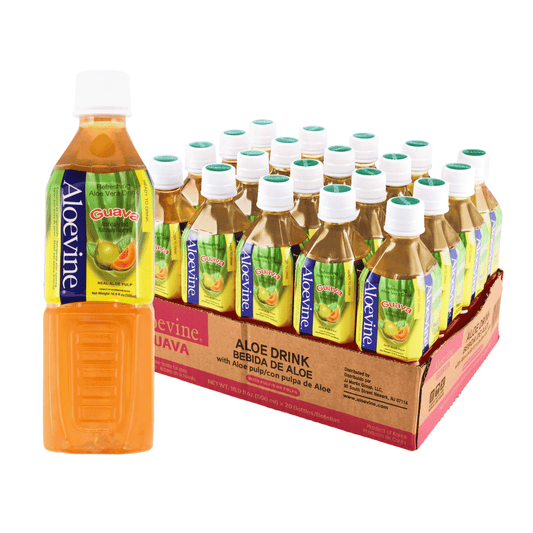 Aloevine Pomegranate Aloe Vera Drink with Aloe Pulp bottles, 16.9 fl oz each, 20-pack, featuring clear bottles with red and green labels.