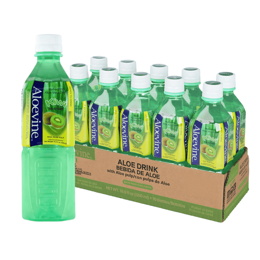 Aloevine Pomegranate Aloe Vera Drink with Aloe Pulp in 16.9 fl oz bottles, showing fresh aloe vera and pomegranate ingredients.