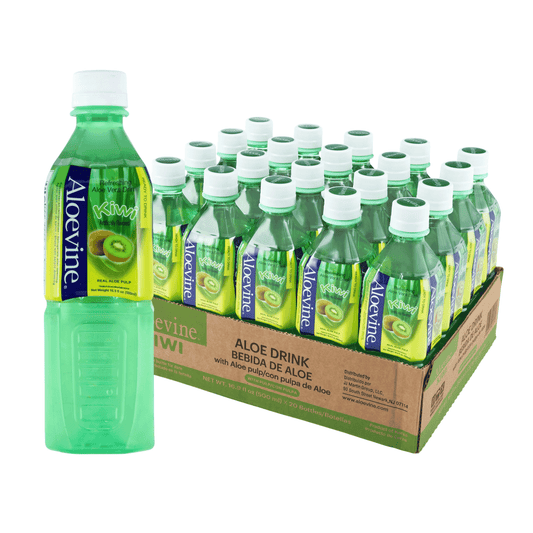 Aloevine Pomegranate Aloe Vera Drink with Aloe Pulp in 16.9 fl oz bottles, showing a bottle with pomegranate and aloe visuals.