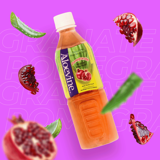 Aloevine Pomegranate Aloe Vera Drink with Aloe Pulp in 16.9 fl oz bottles, 20-pack, featuring vibrant fruit and aloe vera visuals