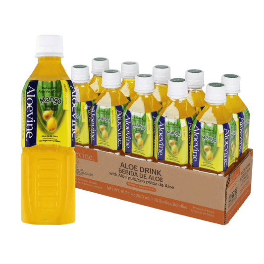 Aloevine Pomegranate Aloe Vera Drink with Aloe Pulp bottles, 16.9 fl oz, 20-pack, featuring a clear beverage with aloe pulp and pomegranate.