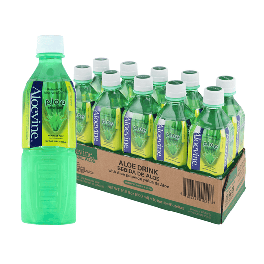 Aloevine Pomegranate Aloe Vera Drink bottles with aloe pulp, 16.9 fl oz, 20-pack, showing clear bottles filled with red and green beverage