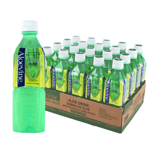 Aloevine Pomegranate Aloe Vera Drink with Aloe Pulp in 16.9 fl oz bottles, 20-pack, featuring fresh aloe and pomegranate juice.