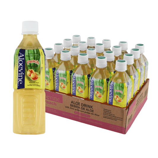 Aloevine Pomegranate Aloe Vera Drink with aloe pulp in 16.9 fl oz bottles, 20-pack, featuring fresh aloe vera and pomegranate images.