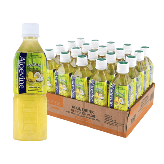 Aloevine Pomegranate Aloe Vera Drink with Aloe Pulp bottles, 16.9 fl oz, 20-pack, featuring vibrant label with pomegranate and aloe vera images.