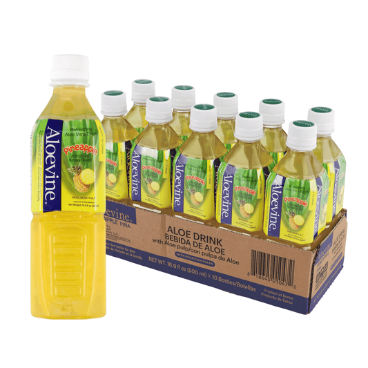 Aloevine Pomegranate Aloe Vera Drink with Aloe Pulp in 16.9 fl oz bottles, showing the clear beverage with aloe pulp and pomegranate flavor.