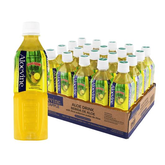 Aloevine Pomegranate Aloe Vera Drink with Aloe Pulp bottles, 16.9 Fl Oz, 20-pack, featuring clear bottles and fresh aloe vera pulp