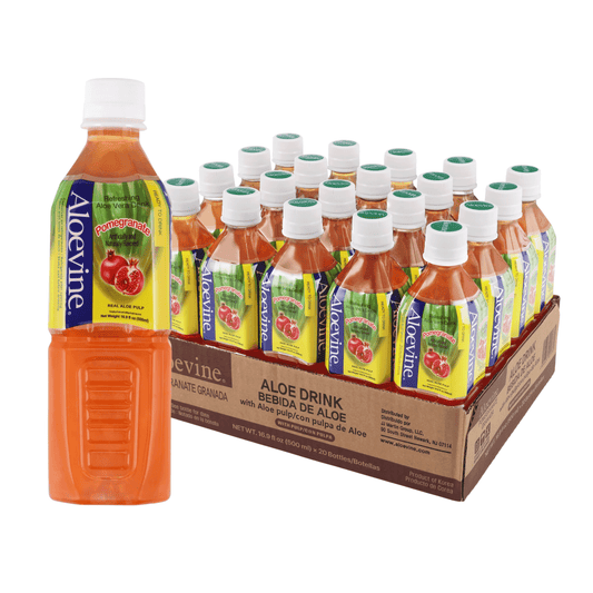 Aloevine Pomegranate Aloe Vera Drink with aloe pulp in 16.9 fl oz bottles, 20-pack, featuring fresh aloe vera and pomegranate.