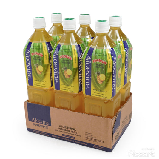 Aloevine Pomegranate Aloe Vera Drink with Aloe Pulp in 16.9 fl oz bottles, 20-pack, featuring fresh aloe and pomegranate pieces.
