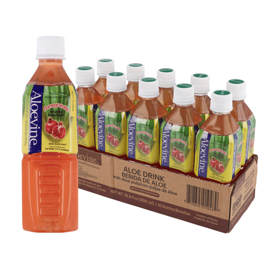 Aloevine Pomegranate Aloe Vera Drink with Aloe Pulp in 16.9 fl oz bottles, 20-pack, showing bottles with red pomegranate and aloe vera.