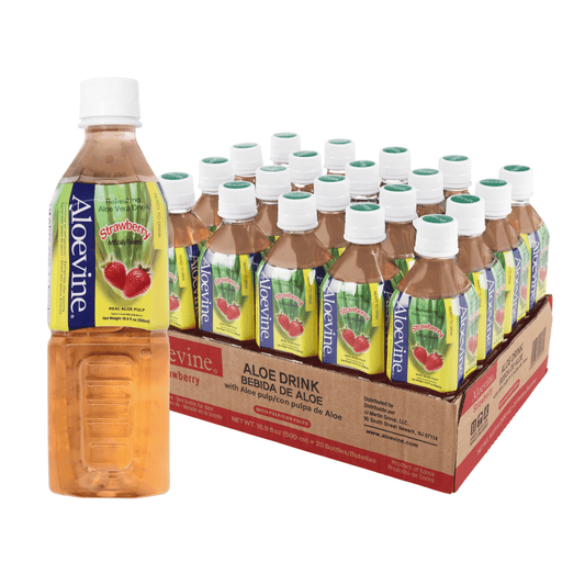 Aloevine Pomegranate Aloe Vera Drink with Aloe Pulp in 16.9 fl oz bottles, showing the product with a vibrant pomegranate and aloe vera label.