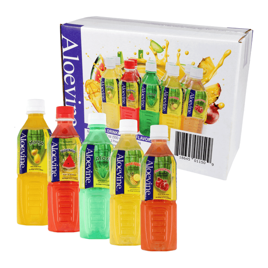 Aloevine Pomegranate Aloe Vera Drink bottles with aloe pulp, 16.9 fl oz each, arranged in a group, featuring vibrant labels.