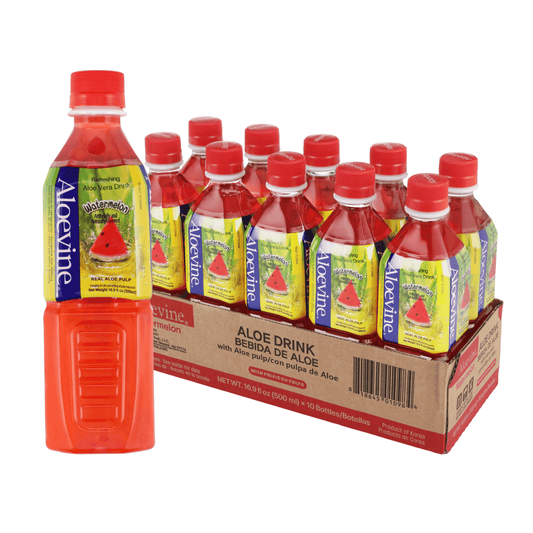 Aloevine Pomegranate Aloe Vera Drink with Aloe Pulp bottles, 16.9 fl oz, 20-pack, showing clear bottles with red and green labels.