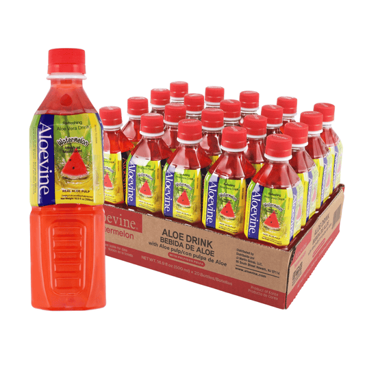 Aloevine Pomegranate Aloe Vera Drink with Aloe Pulp in 16.9 fl oz bottles, showing the vibrant drink with aloe vera and pomegranate.