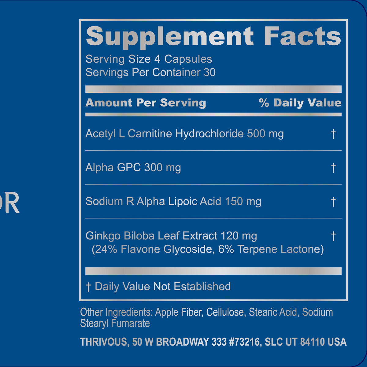 Thrivous Clarity and Alpha Stack dietary supplement label with clear text and branding on a white background.